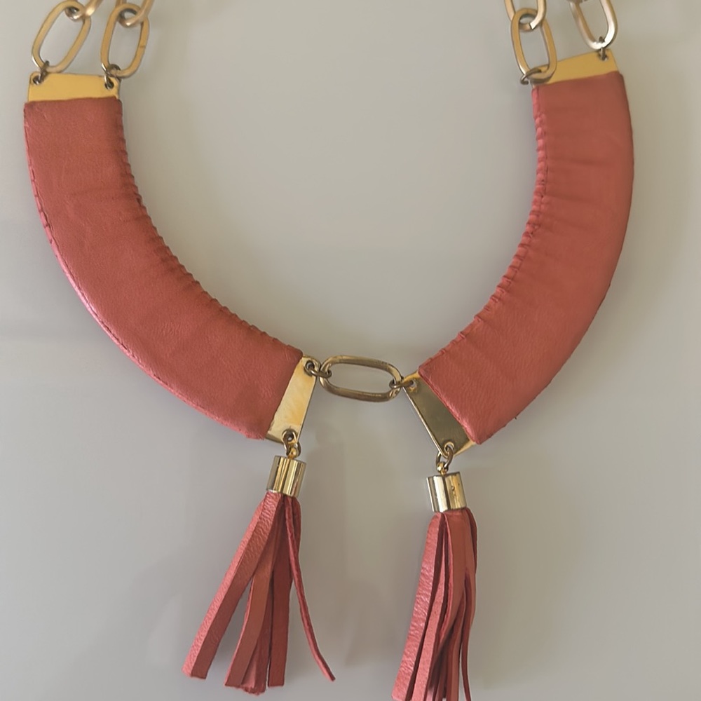 Anthropologie Wing Paris orange leather tassels & brass necklace. Made in France - Picture 11 of 12